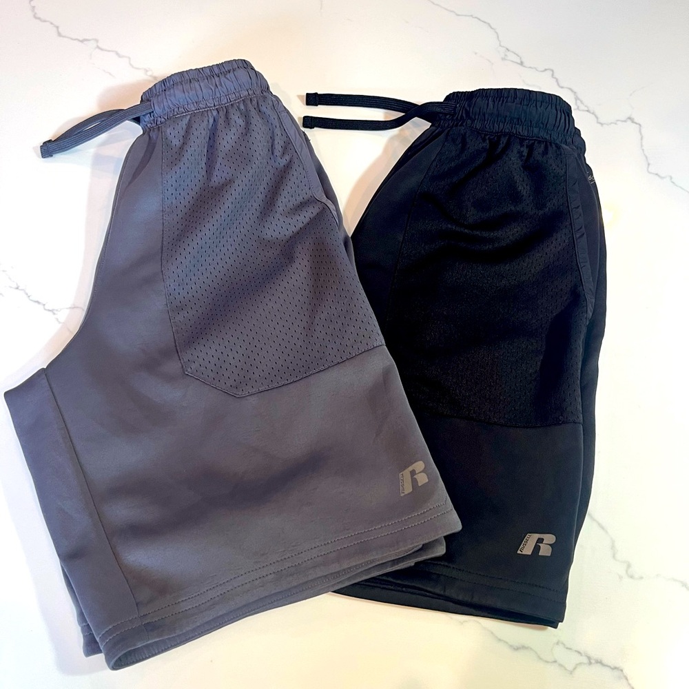 NWOT - (2) Boys Russell Athletic dri-power 360 shorts, 1 gray, 1 black XL